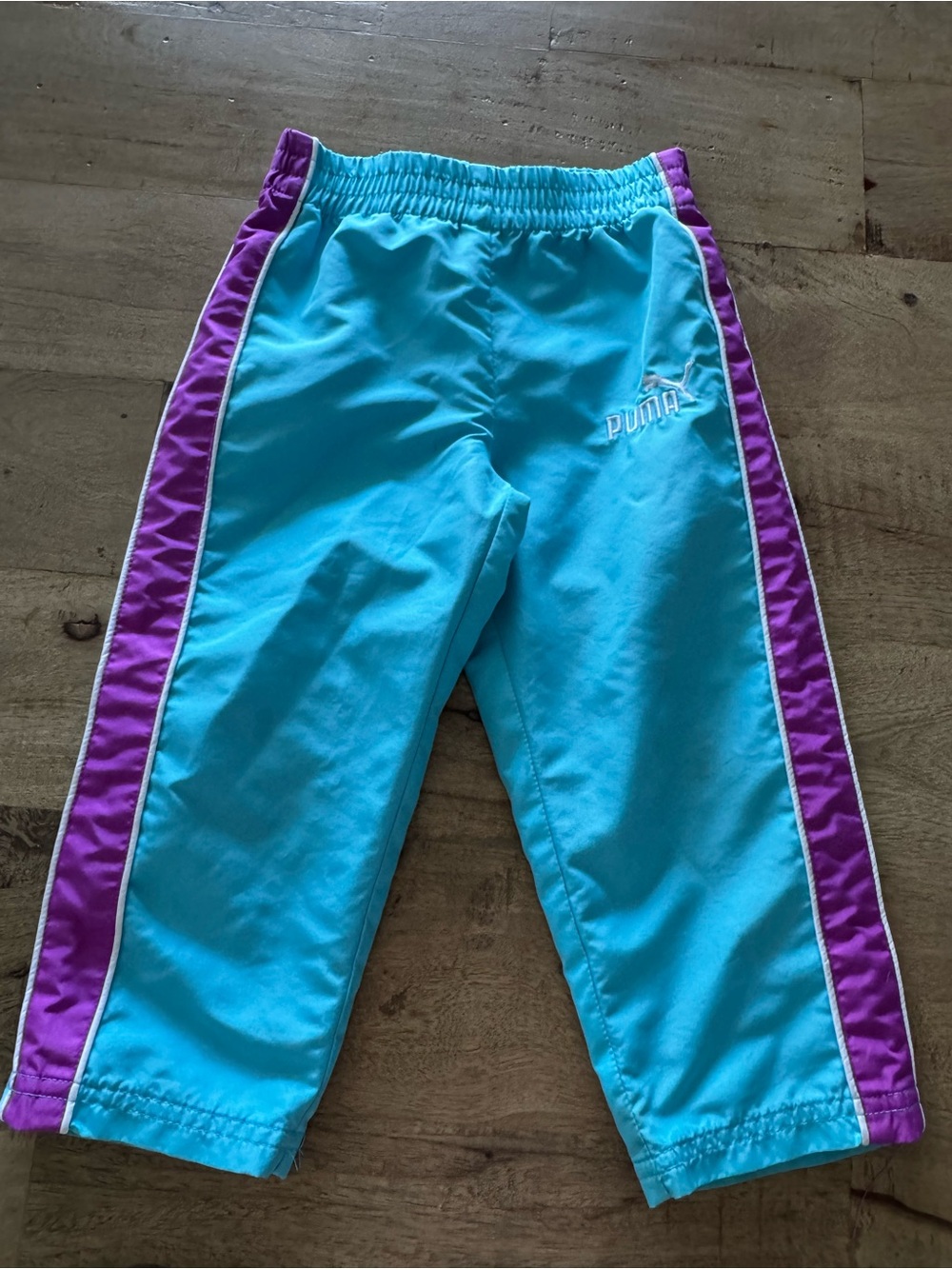 Puma retro Kids Aqua Blue Track Pants with Purple Side Stripes size 2
